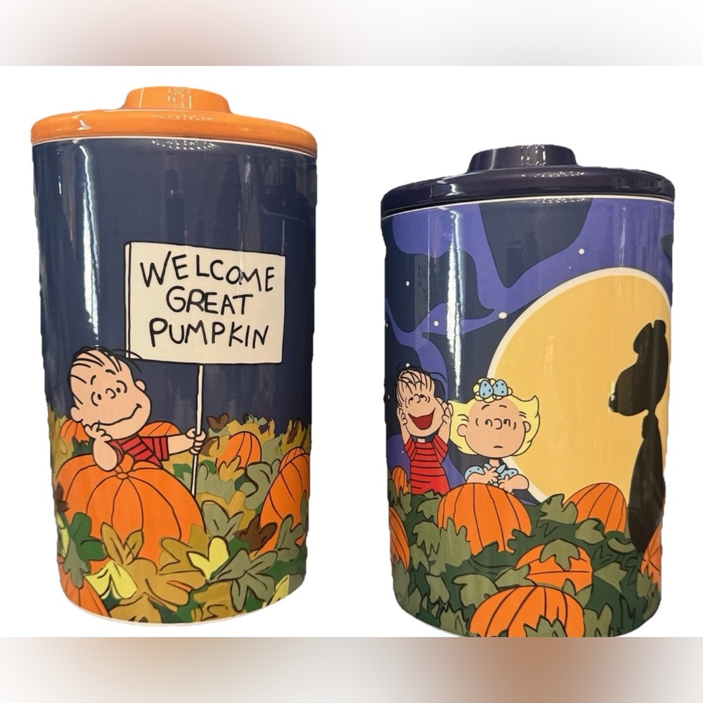 PEANUTS FALL HALLOWEEN THANKSGIVING SET OF 2 CANISTERS/COOKIE JARS W/SNOOPY NEW